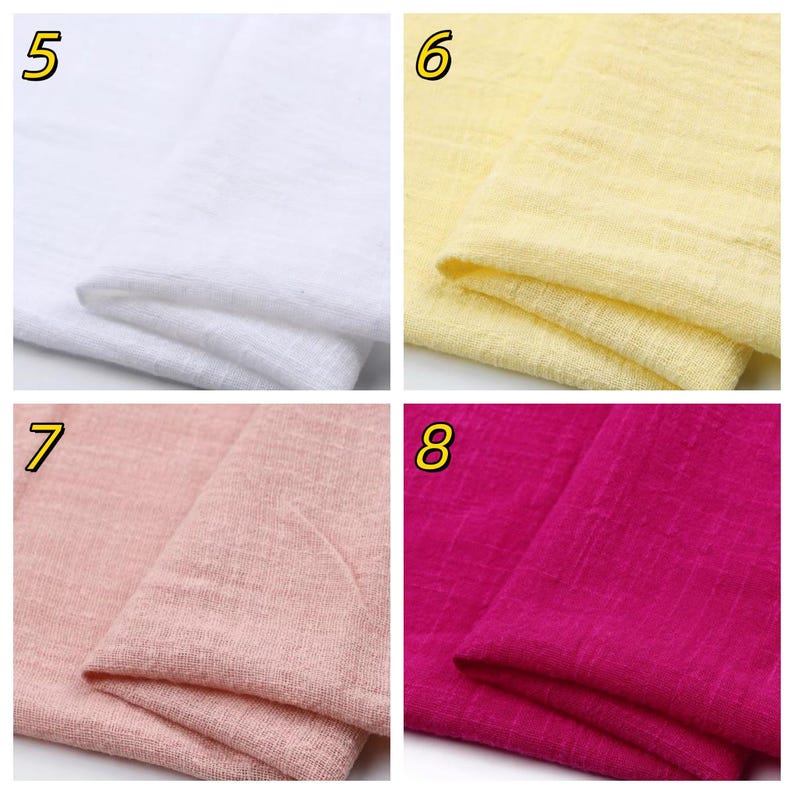 May include: A collection of four fabric swatches labeled 5, 6, 7, and 8. The swatches feature a textured, woven material in solid colors: white, pale yellow, soft dusty pink, and vibrant magenta. Each piece of fabric is folded to show texture.
