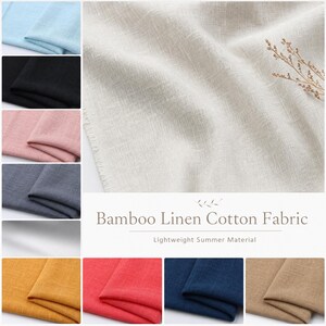 May include: A collection of bamboo linen cotton fabric swatches in various colors including light blue, black, pink, gray, white, yellow, red, navy, and beige. The text Bamboo Linen Cotton Fabric Lightweight Summer Material is visible.