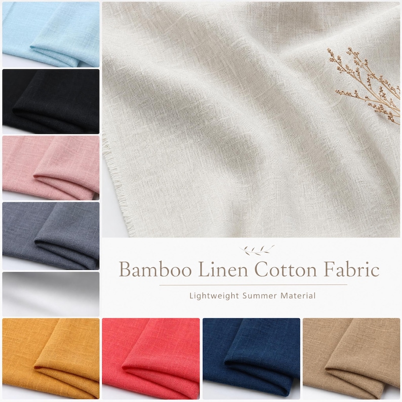 May include: A collection of bamboo linen cotton fabric swatches in various colors including light blue, black, pink, gray, white, yellow, red, navy, and beige. The text Bamboo Linen Cotton Fabric Lightweight Summer Material is visible.