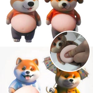 Könnte beinhalten: Vier Cartoon-Hundefiguren mit orange-weißem Fell, jede mit einem großen, rosa Bauch. Ein Hund trägt eine Fußballuniform, ein anderer hält einen Regenschirm, und die anderen tragen orangefarbene Hemden. Eine Hand hält einen rosa Schwamm in einem kreisförmigen Einsatz.