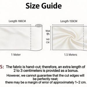 K&ouml;nnte beinhalten: Gr&ouml;&szlig;en&uuml;bersicht f&uuml;r Stoff, mit Abmessungen in Zentimetern. Die Breite betr&auml;gt 140 cm. Ein Beispiel zeigt eine L&auml;nge von 1 Meter, das andere 1,5 Meter. Der Text besagt, dass der Stoff handgeschnitten ist, mit einer zus&auml;tzlichen L&auml;nge von 2-3 cm.