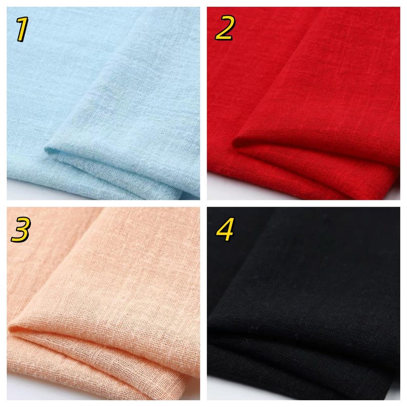 May include: A four-panel grid showing fabric swatches in light blue, red, peach, and black. Each swatch features a visible woven texture and is labeled with a yellow number from one to four in the top left corner of each individual section.