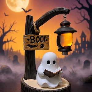 May include: A white ghost figurine reading a brown book, positioned under a dark brown tree-shaped post with a hanging lantern and a wooden sign that reads BOO! with a bat and skull graphic, all set on a circular base with a wood-grain texture.