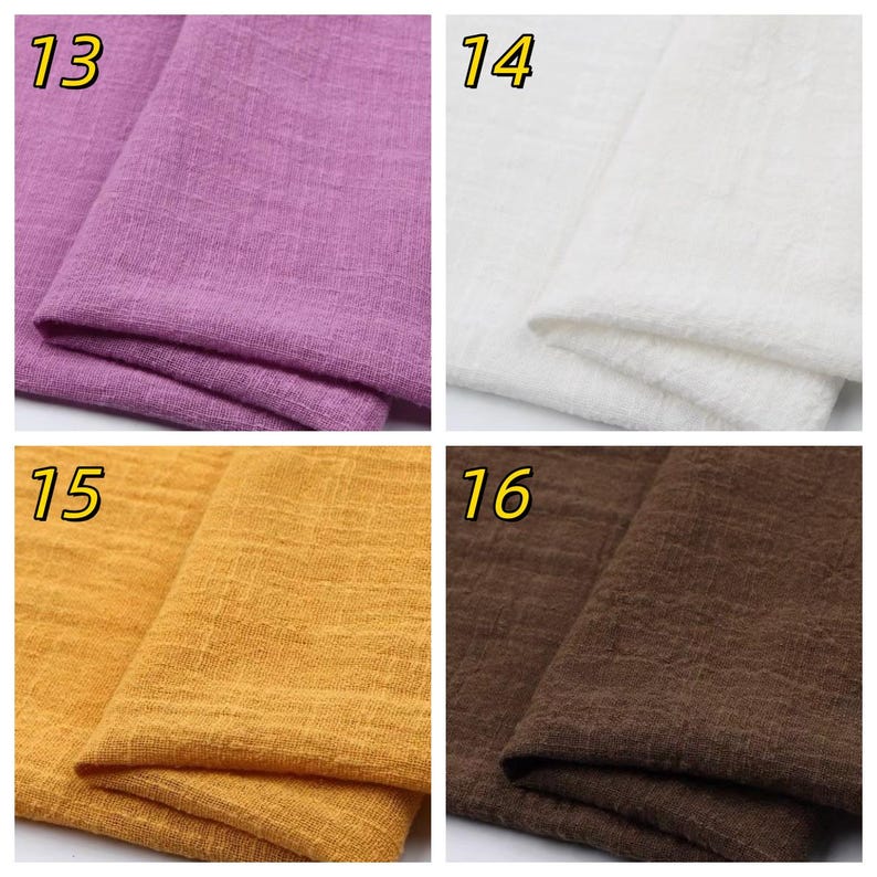 May include: A collection of four fabric swatches labeled 13, 14, 15, and 16. Swatch 13 is purple, 14 is white, 15 is mustard yellow, and 16 is dark brown. Each piece of fabric features a visible woven texture with a grid-like pattern.