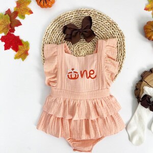 One Pumpkin First Birthday Romper, Cake Smash Custom Romper Personalized Embroidered Baby Muslin Romper, Halloween Outfit