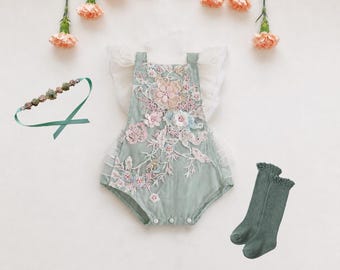 Boho 1st Birthday Romper,Sage Boho Lace Romper, Headband,Baby Girls Lace Romper,Cake Smash Outfit, Country Baby,Floral Embroidered Tulle