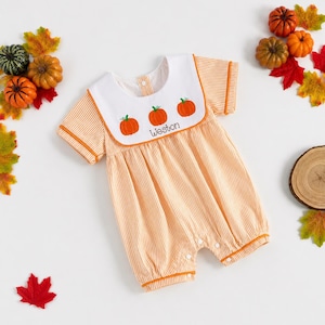 Halloween Romper,Smocked Pumpkin Bubble in Orange Toddler Boys Clothing,Heirloom Embroidered Romper, Thanksgiving, Fall Outfit