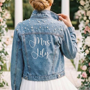 Custom Bride Denim Jacket, Personalized Embroidered Wedding Jean Jacket, Gift for Bridal Shower