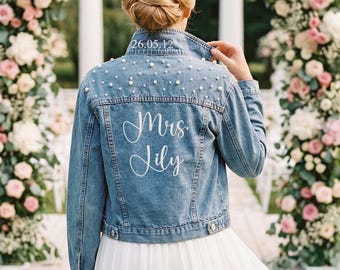 Custom Bride Denim Jacket, Personalized Embroidered Wedding Jean Jacket, Gift for Bridal Shower