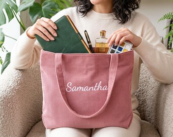 Personalized Bridesmaid gift bag, Custom Embroidery Corduroy Tote Bag,Wedding Party Gifts