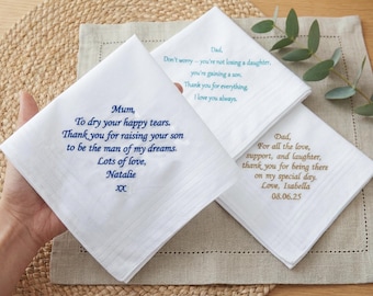 Personalized Wedding Handkerchief, Custom Embroidered Handkerchiefs for mom and Dad, bride's Gift