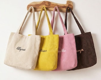 Personalized Corduroy Tote Bag,Custom Embroidered Name Tote, Bridesmaid Gift