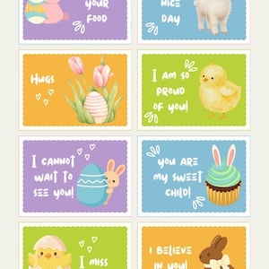 May include: A set of Easter-themed cards with illustrations of bunnies, chicks, eggs, and cupcakes. The cards have messages like "Enjoy Your Food" and "Have a Nice Day". The cards are in various colours.