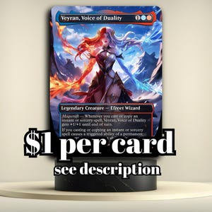 May include: A Magic: The Gathering card featuring "Veyran, Voice of Duality." The card depicts a female figure split between fire and ice, with text describing its abilities. The card is displayed on a black stand with a white circular base.