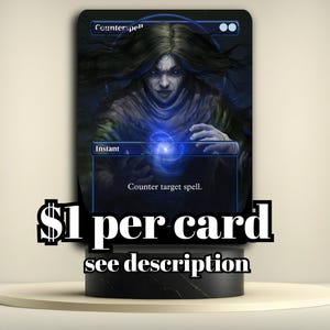 May include: A Magic: The Gathering card featuring a dark-haired figure with a glowing blue orb. The card is labeled "Counterspell" and "Instant," with the text "Counter target spell." The image is displayed on a black stand.