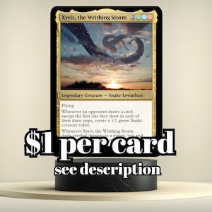 May include: A Magic: The Gathering card featuring "Xyris, the Writhing Storm." The card has a gold border and a landscape illustration of a serpentine creature in a sunset sky. Text on the card describes its abilities. The card is displayed on a black stand.