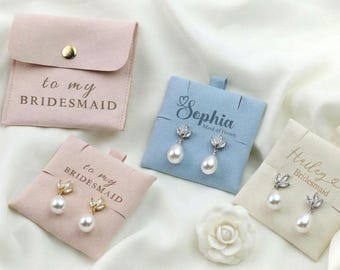 Conjunto de pendientes de nudo de perlas personalizados para damas de honor, pulseras para atar el nudo, regalos para damas de honor, pendientes, bolsa de joyería para damas de honor