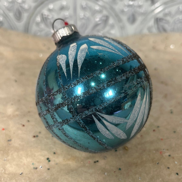 Vintage Hand decorated, Mica, Blue Mercury Glass Christmas Ornament