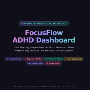 Pode incluir: Gráfico de produto digital para o painel FocusFlow ADHD. O design apresenta o nome do produto em roxo e rosa, com uma lista de recursos e botões coloridos para Time Blocking, Dopamine Tasks e muito mais. O fundo é escuro.