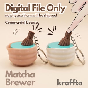 May include: Digital file for a matcha brewer keychain featuring a small brown whisk attached to a bowl with a teal lid. The text reads Digital File Only, no physical item will be shipped, Commercial License, and Matcha Brewer with the brand name krafft.
