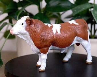 Simmental Bull Cow Figurine - Hand Painted Farm Animal Figure - Crafts, Displays, & Dioramas