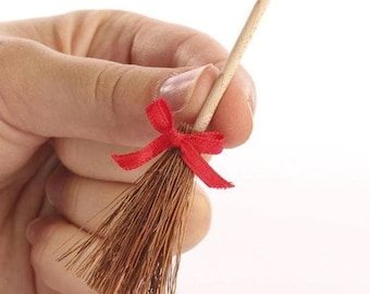 Miniature Broom with Red Bow - Mini Natural Straw Brooms - Dollhouse Minis - Fall, Halloween, & Winter Crafts - Witch and Snowman Accessory