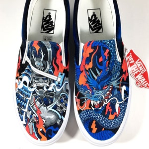 Dragon VS Samurai | Custom painted Vans slip ons skate shoes by Annatar | Luxury gift for him for her | Japanese art | wedding tattoo