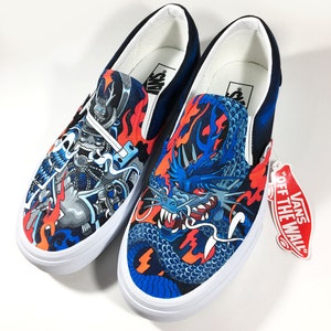 Dragon VS Samurai Custom painted Vans slip ons skate shoes by Annatar Luxury gift for him for her Japanese art wedding tattoo image 5