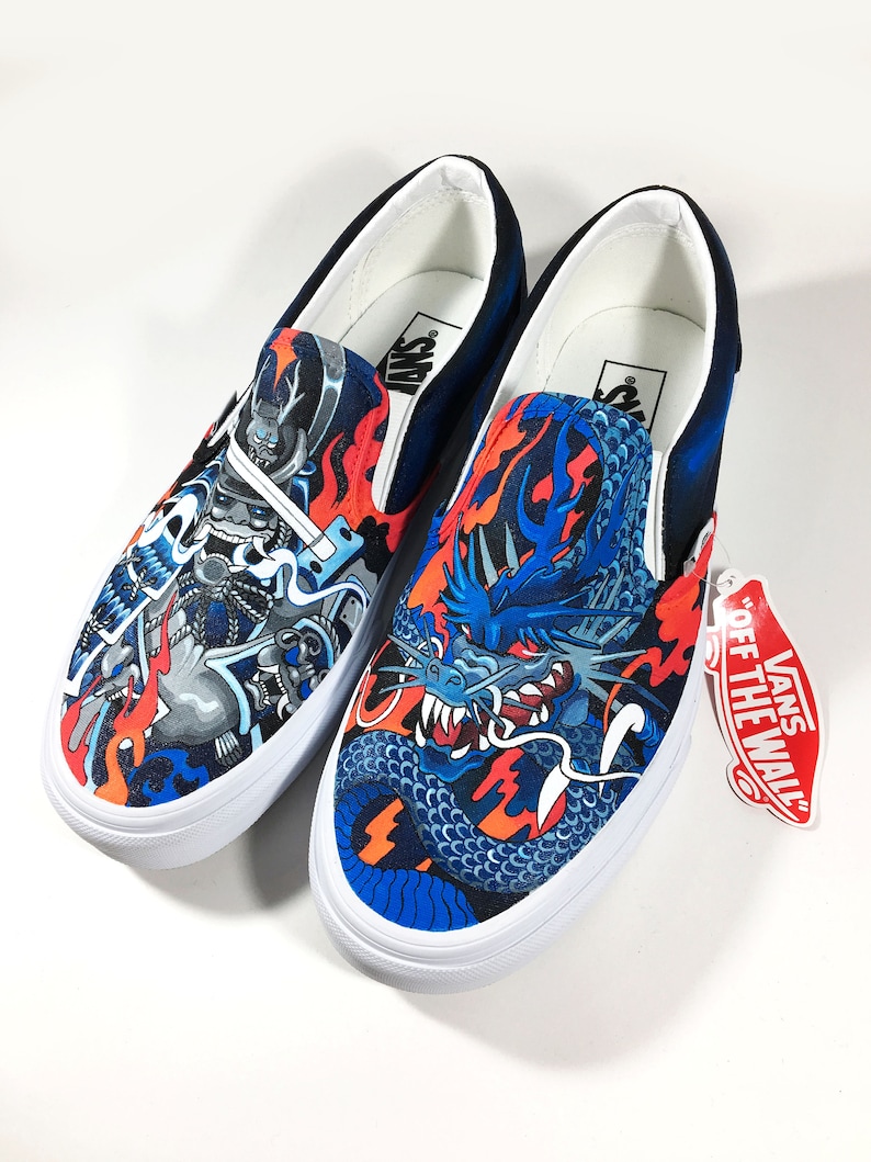 Dragon VS Samurai Custom painted Vans slip ons skate shoes by Annatar Luxury gift for him for her Japanese art wedding tattoo image 5