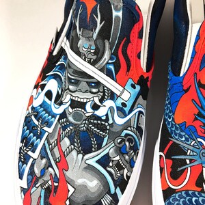 Dragon VS Samurai Custom painted Vans slip ons skate shoes by Annatar Luxury gift for him for her Japanese art wedding tattoo image 7