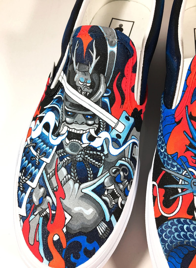 Dragon VS Samurai Custom painted Vans slip ons skate shoes by Annatar Luxury gift for him for her Japanese art wedding tattoo image 7