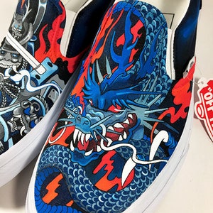 Dragon VS Samurai Custom painted Vans slip ons skate shoes by Annatar Luxury gift for him for her Japanese art wedding tattoo image 2