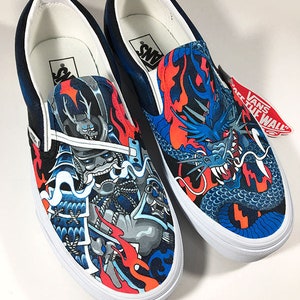 Dragon VS Samurai Custom painted Vans slip ons skate shoes by Annatar Luxury gift for him for her Japanese art wedding tattoo image 6