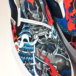 Dragon VS Samurai Custom painted Vans slip ons skate shoes by Annatar Luxury gift for him for her Japanese art wedding tattoo image 3