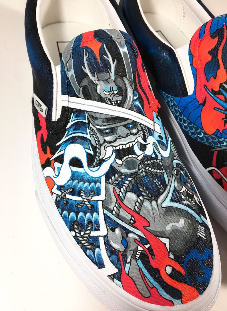 Dragon VS Samurai Custom painted Vans slip ons skate shoes by Annatar Luxury gift for him for her Japanese art wedding tattoo image 3