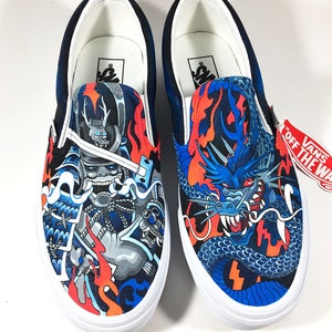 Dragon VS Samurai Custom painted Vans slip ons skate shoes by Annatar Luxury gift for him for her Japanese art wedding tattoo image 4