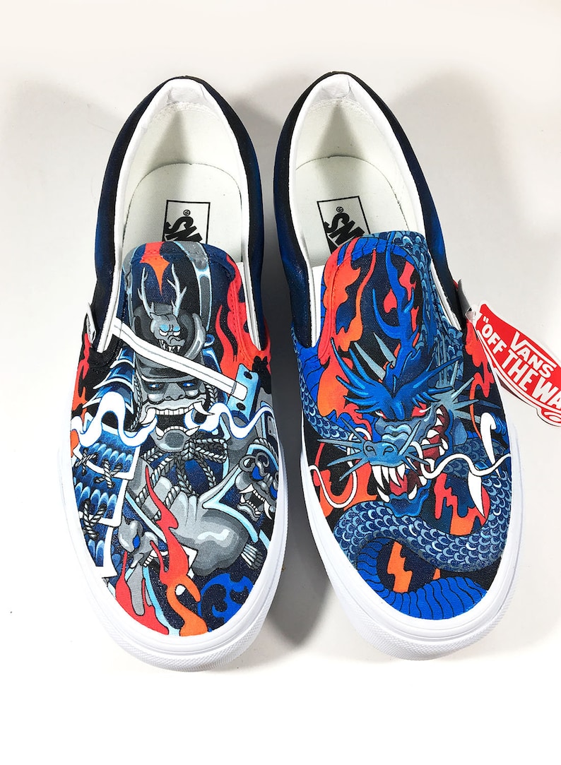 Dragon VS Samurai Custom painted Vans slip ons skate shoes by Annatar Luxury gift for him for her Japanese art wedding tattoo image 4