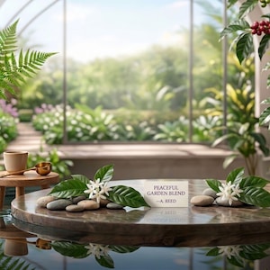 May include: A round wooden table surface features smooth grey stones, green leaves, and white flowers. A small rectangular card displays the text PEACEFUL GARDEN BLEND &mdash;A. REED. A small wooden stool with a cup and a gold spoon sits to the left.