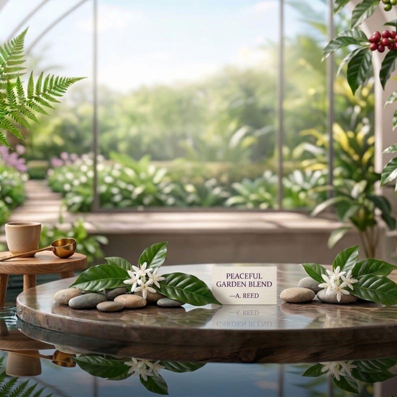 May include: A round wooden table surface features smooth grey stones, green leaves, and white flowers. A small rectangular card displays the text PEACEFUL GARDEN BLEND &mdash;A. REED. A small wooden stool with a cup and a gold spoon sits to the left.