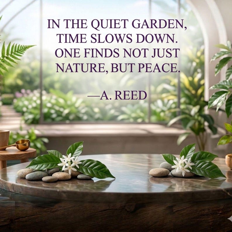 May include: A round wooden table features two arrangements of smooth grey stones, green leaves, and white flowers. Above the table, text reads: IN THE QUIET GARDEN, TIME SLOWS DOWN. ONE FINDS NOT JUST NATURE, BUT PEACE. &mdash;A. REED. A small gold scoop sits nearby.