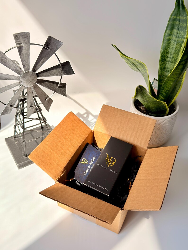 K&ouml;nnte beinhalten: Ein offener brauner Karton mit zwei Parf&uuml;mboxen. Eine ist schwarz mit goldener Aufschrift "MUSE DE PARFUM", die andere blau mit goldener Aufschrift "Muse de Parfum". Eine dekorative Windm&uuml;hle und eine Topfpflanze befinden sich im Hintergrund.