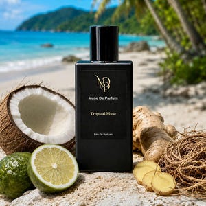 Könnte beinhalten: Eine schwarze, rechteckige Parfümflasche mit schwarzem Deckel, beschriftet mit "Muse De Parfum Tropical Muse Eau De Parfum". Die Flasche steht auf sandigem Untergrund mit Kokosnuss, Limette und Ingwerscheiben. Im Hintergrund eine tropische Strandszene.
