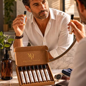 Puede incluir: Un set de muestras de perfume de "Muse de Parfum" con seis pequeños frascos de vidrio. Los frascos están etiquetados con nombres de fragancias. La caja es marrón con un logotipo dorado. Un hombre con camisa blanca sostiene una muestra.
