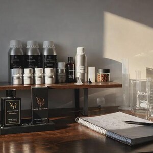May include: A perfume-making workspace with various bottles, jars, and beakers. Several silver bottles and small glass jars sit on a wooden shelf. Two perfume bottles and boxes are on a black stand. A notebook and pen are on the table.