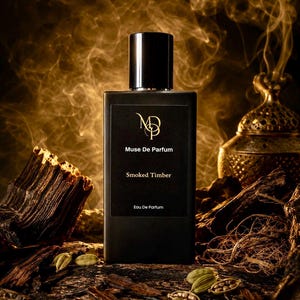 May include: A black rectangular perfume bottle with a black cap. The label reads "Muse De Parfum" and "Smoked Timber". The bottle is surrounded by wood, cardamom pods, and a golden, smoky background.