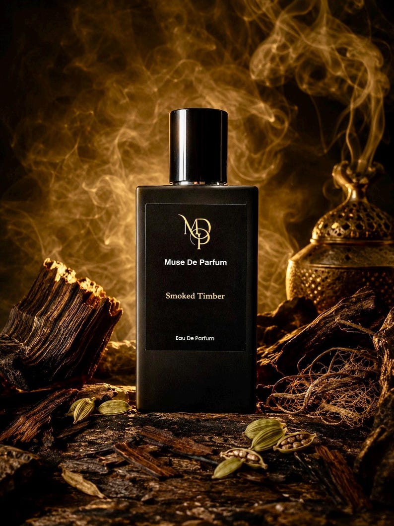 May include: A black rectangular perfume bottle with a black cap. The label reads "Muse De Parfum" and "Smoked Timber". The bottle is surrounded by wood, cardamom pods, and a golden, smoky background.
