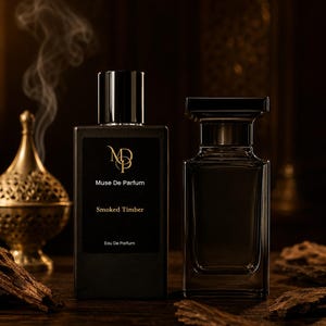 May include: Two dark perfume bottles with black caps and labels, one labeled "Muse De Parfum Smoked Timber Eau De Parfum." Smoke rises in the background. The bottles sit on a wooden surface with wood chips and a decorative gold incense burner.