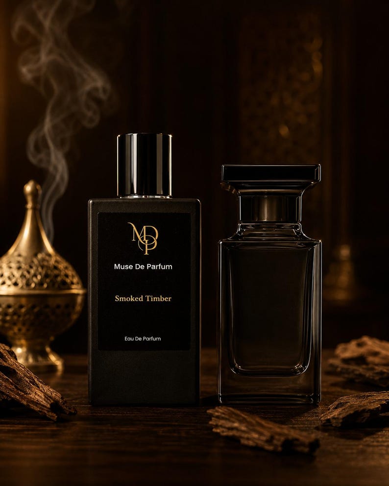 May include: Two dark perfume bottles with black caps and labels, one labeled "Muse De Parfum Smoked Timber Eau De Parfum." Smoke rises in the background. The bottles sit on a wooden surface with wood chips and a decorative gold incense burner.