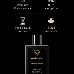May include: Black rectangular perfume bottle with a black cap. The label reads "Muse De Parfum Smoked Timber Eau De Parfum 100 ml / 3.4 fl oz Made in Canada." The image also includes icons and text indicating premium fragrance oils, long-lasting formula, and IFRA compliance.