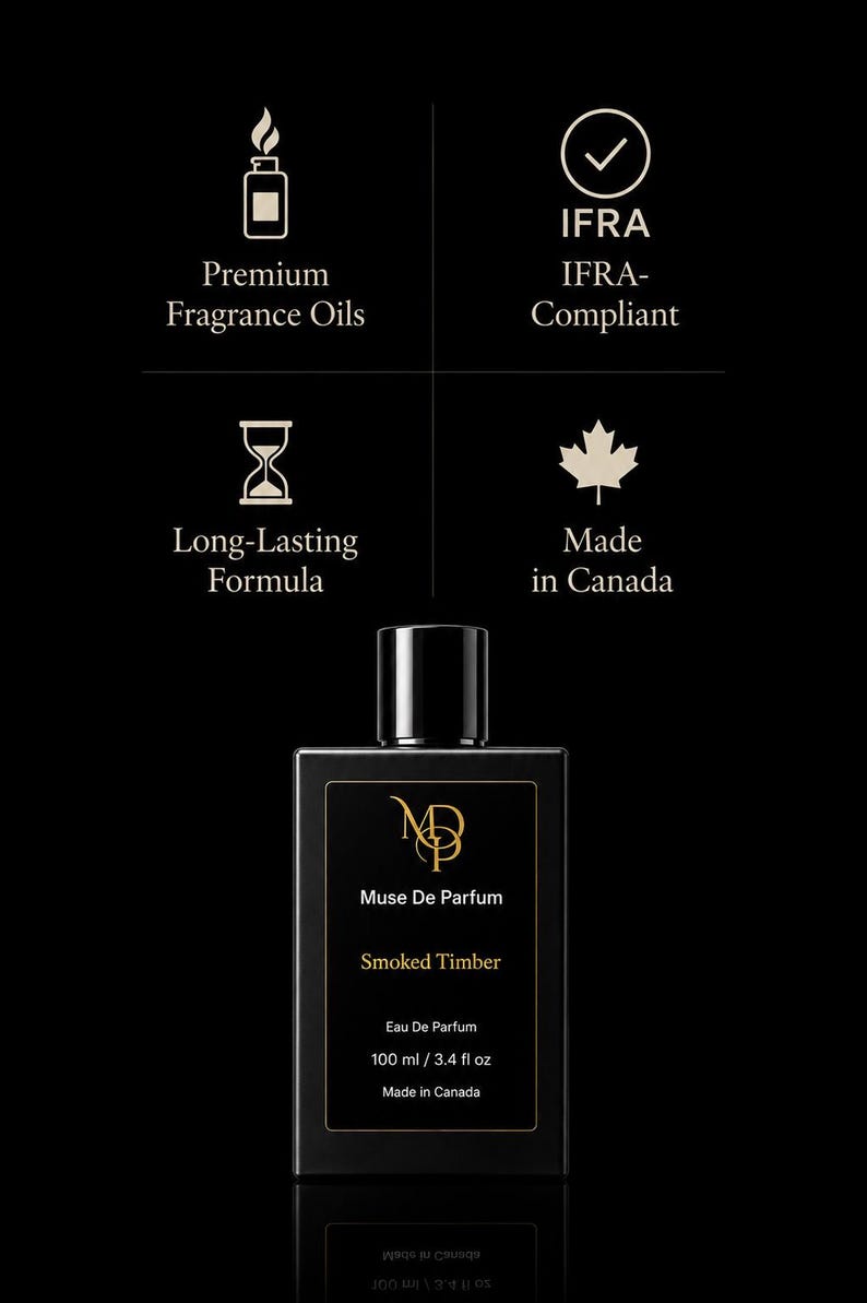May include: Black rectangular perfume bottle with a black cap. The label reads "Muse De Parfum Smoked Timber Eau De Parfum 100 ml / 3.4 fl oz Made in Canada." The image also includes icons and text indicating premium fragrance oils, long-lasting formula, and IFRA compliance.